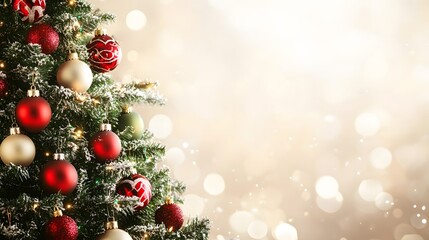 Decorated Christmas Tree with Ornaments and Lights Against a Blurry Background