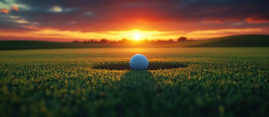 Golf ball in a cup on a golf course at sunset.