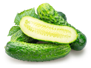 Cucumbers and cucumber in longitudinal cut isolated on white background. File contains clipping path.