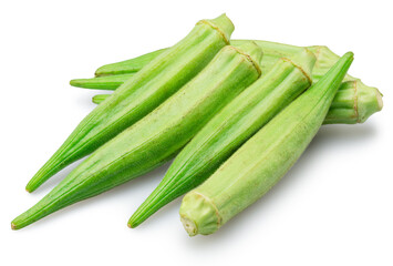Fresh picked okra green seed pods isolated on white background. File contains clipping path.