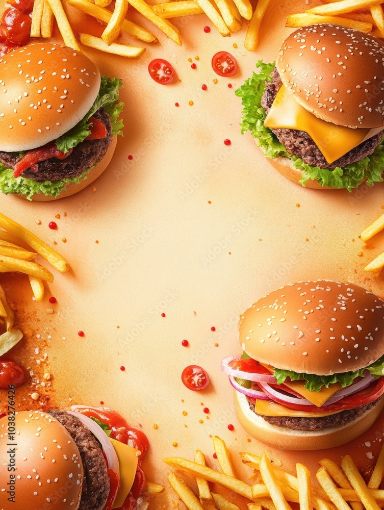 Poster vibrant burgers and crispy fries surround a central area perfect for adding enticing text or promoti