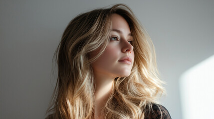 Naklejka premium Portrait of a young blonde woman gazing into the light with soft, natural waves.