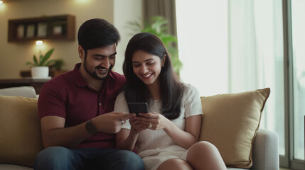 Happy young indian couple using smartphone, wife pointing at cellphone screen, sitting on sofa in living room interior at home 