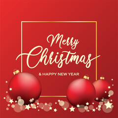Merry Christmas and Happy New Year greeting card with red baubles vector illustration. Merry Christmas red background with golden frame vector illustration. Template for background, banner, card
