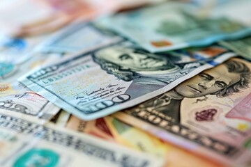 Obraz premium Different world currency banknotes are lying on a desk forming a background for finance and investment concepts