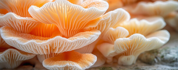 Delicate Gold Orange Mushrooms, Vibrant Fungi Family Close Up. Peaceful Quiet Nature Scenery, Early Morning Sunlight, Water Droplets. Dreamy Soft Pastel, Pure Enlightenment, Surreal Harmony, Balance