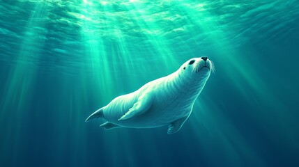 Fototapeta premium Seal swimming gracefully in blue water, surrounded by sunbeams.