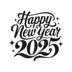  A white background vector art silhouette with the text happy new year 2025.