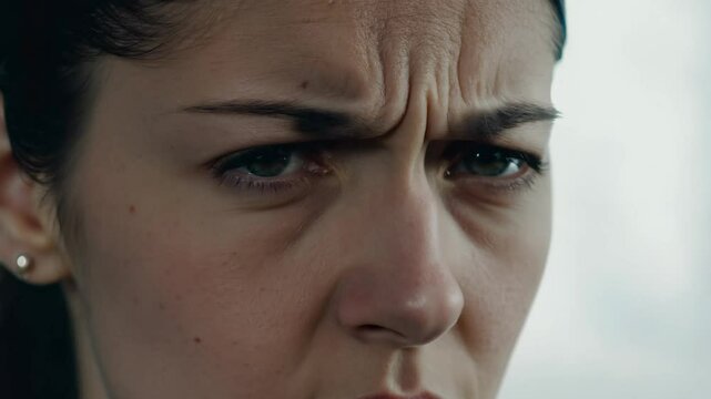 Close-up video of a young woman with piercing eyes expressing anger, static camera, soft diffused light, minimalist background