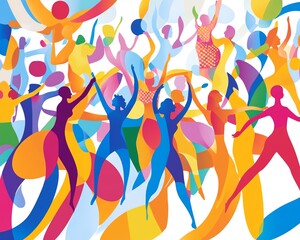 Colorful abstract illustration of women dancing and celebrating.