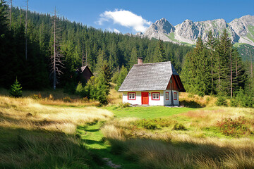 landscape in the mountains with small house surrounded by grass and trees, mountains in the background, photorealistic