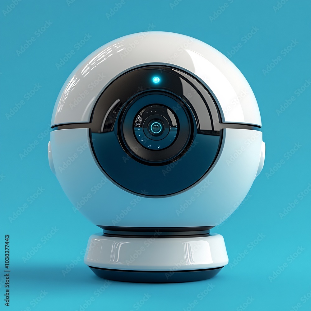 Poster futuristic digital dome security camera on a clean blue background showcasing its modern design and 