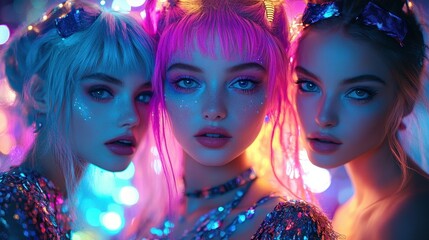 Obraz premium Young beautiful girls at a crazy cyber neon party in electro costumes. Vivid colors, colorful hairstyles. Party with loud music in a night club. Generative AI.