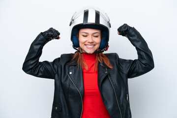 Young Russian girl with a motorcycle helmet isolated on white background doing strong gesture