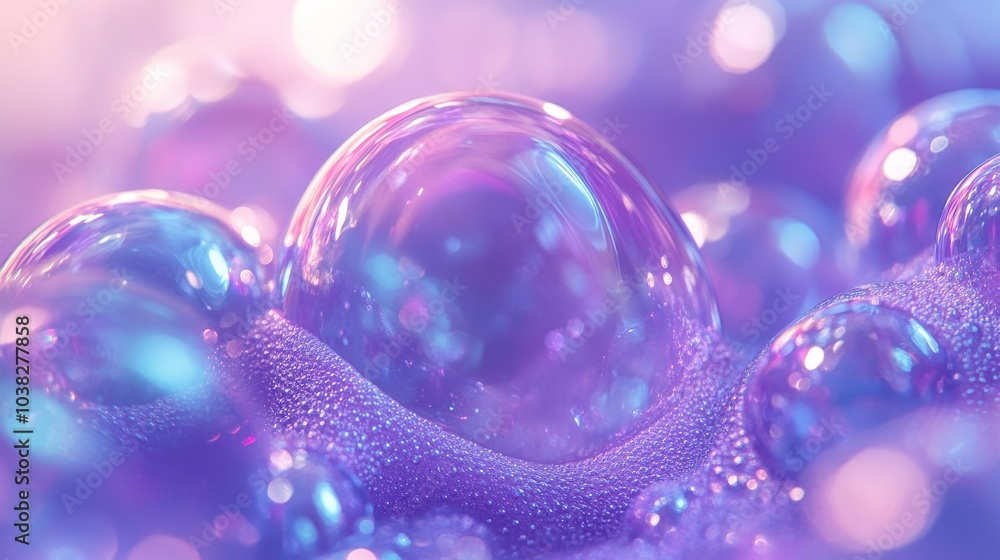 Poster creative abstract background of soapy purple color with bubbles, refracting colors and tones. blue, 
