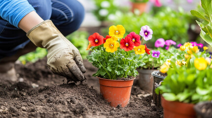 Fototapeta premium Person Planting Flowers, Hands Dirty with Soil, Smiling in Garden
