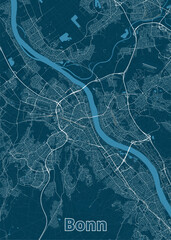 Map of Bonn, Germany, rendered in a minimalist style. The map features a deep blue background with white lines representing roads and streets.