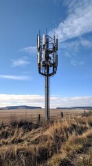 A modern 5G tower in a rural setting, designed for minimal environmental impact, surrounded by open fields and clear blue skies