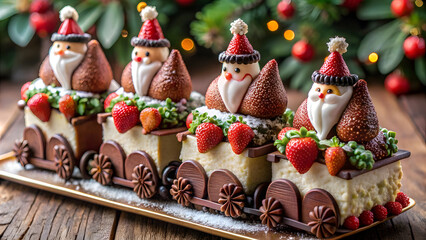 Obraz premium Christmas Train Cake with Strawberries and Chocolate Santas. Perfect for: Christmas, winter holidays, children's parties