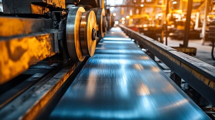Fototapeta premium A metal sheet being rolled through a high-tech press machine in a state-of-the-art factory. 