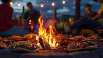 A cozy outdoor gathering with tacos and a fire, creating a warm, festive atmosphere.