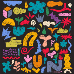 Set color childish crayon drawn doodle. Kids pencil drawings, squiggles in childish girly style, flower, crown, stars set. Vector bright color chalk icons. Template freehand cute kid scribbles.