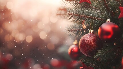Sparkling Red Christmas Ornaments on a Pine Branch with Blurred Background
