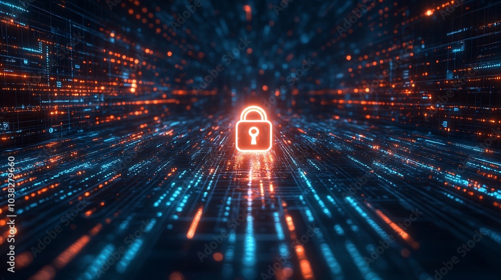 Poster glowing digital padlock in the center of a futuristic cyber security blue background surrounded by f