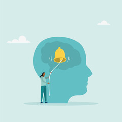 Reminder: Don't forget important information. Reminder concept. The bell is in the head, the character is pulling it. Vector illustration.	