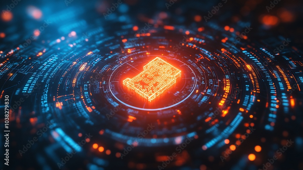 Fototapete glowing digital padlock in the center of a futuristic cyber security blue background surrounded by f