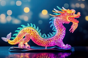 Fototapeta premium Illuminated neon dragon statue with vibrant colors on dark backd
