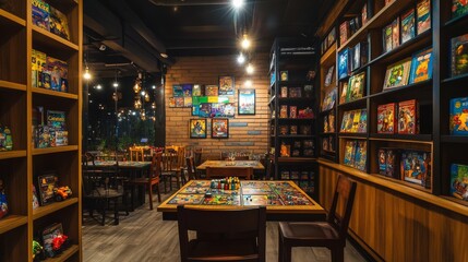 A lively board game cafe with board game collections and cozy gaming tables, Board game setups and gaming sessions arranged for social play, Classic photo of