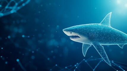 Fototapeta premium Shark swimming in a digital ocean with abstract technology background
