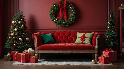 Christmas composition ornaments on red velvet background