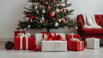 Christmas composition ornaments on white and red background