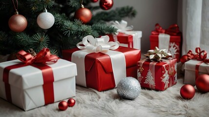 Christmas composition ornaments on white and red background
