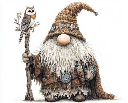 whimsical gnome dressed as a druid from fantasy game, long hair covering face, show only a round nose, mouth, large cozy knitted hat ,studded leather holding a Staff of the Woodland owl perch on top