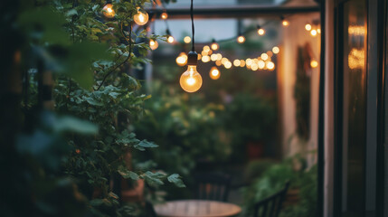 A cozy outdoor patio at dusk, with a string of warm, glowing fairy lights hanging above. The lights create a magical atmosphere, gently illuminating the surrounding greenery.