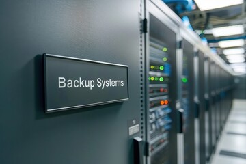 A modern sign stating "Backup Systems" in clean font, located near equipment for data redundancy and disaster recovery solutions.