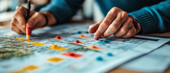 Obraz premium Strategic planning session hands marking a detailed map with colorful pins and notes for effective decision making