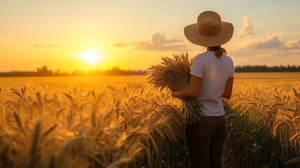 Fototapeta premium Woman in a wheat field at sunset, holding a sheaf of wheat.