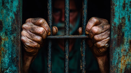 Hands of the prisoner on a steel lattice close up