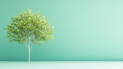 Obraz premium Single green tree on a minimalist turquoise background.