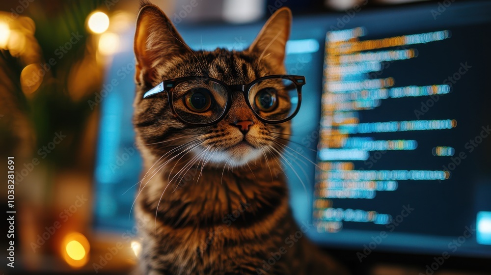 Aufkleber cat with glasses sitting in front of a screen with a code