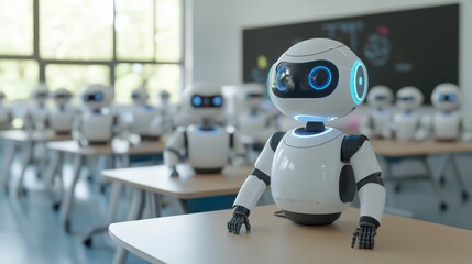A sophisticated AI-driven educational robot classroom, modern educational environment with interactive learning robots and digital tools, Educational style