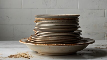 dirty white plate stacked at kitchen