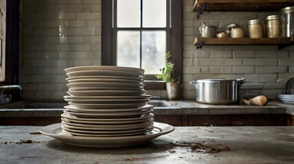 dirty white plate stacked at kitchen