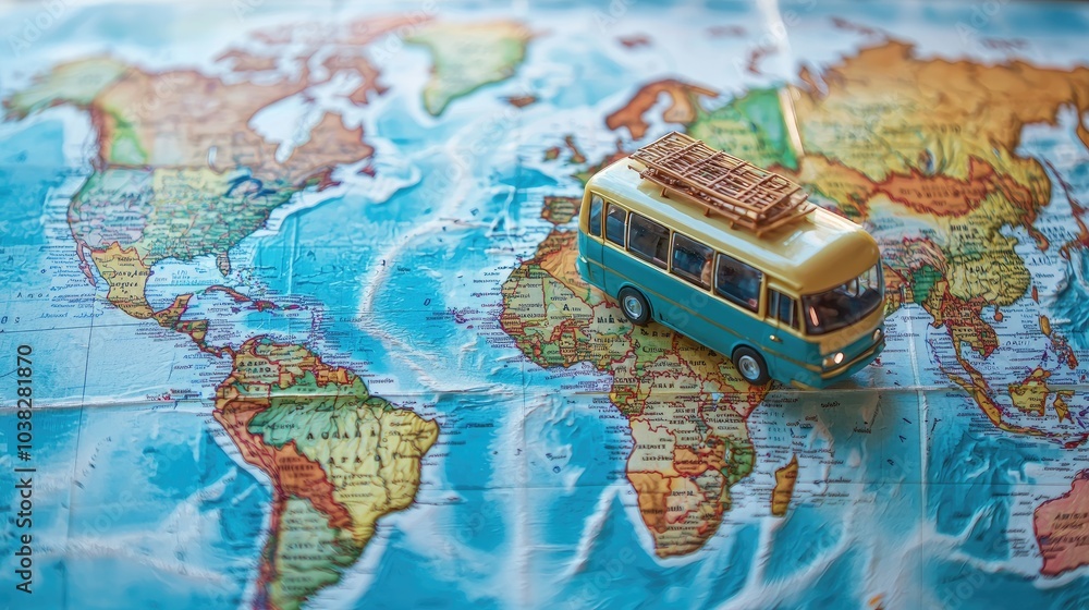 Wall mural bus on world map travel concept. selective focus