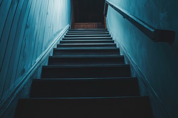 Fototapeta premium Mysterious stairway in dim light leading upwards.
