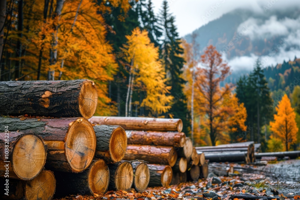 Poster a neatly arranged stack of timber logs at a logging site, with colorful forest foliage in the backgr